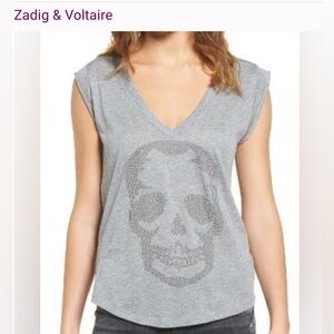 Zadig & Voltaire NWT Brooklyn Skull Soft Gray Sleeveless Tee w/Studded Skull